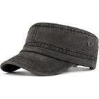 Military Cadet Army Cap for Men Women – Washed Cotton Vintage Adjustable Flat Top Hat Black