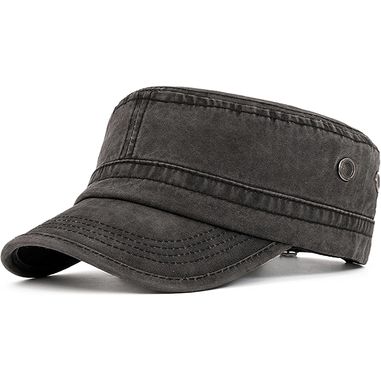 Military Cadet Army Cap for Men Women – Washed Cotton Vintage Adjustable Flat Top Hat Black