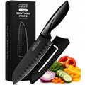 Home Hero 7-Inch Santoku Knife With Sheath 2 Pcs - Non-Stick Chopping Knife, High Carbon Stainless Steel Kitchen Knife With Cover, Ergonomic Handle, Razor-Sharp Vegetable Cutting Knife (Black)