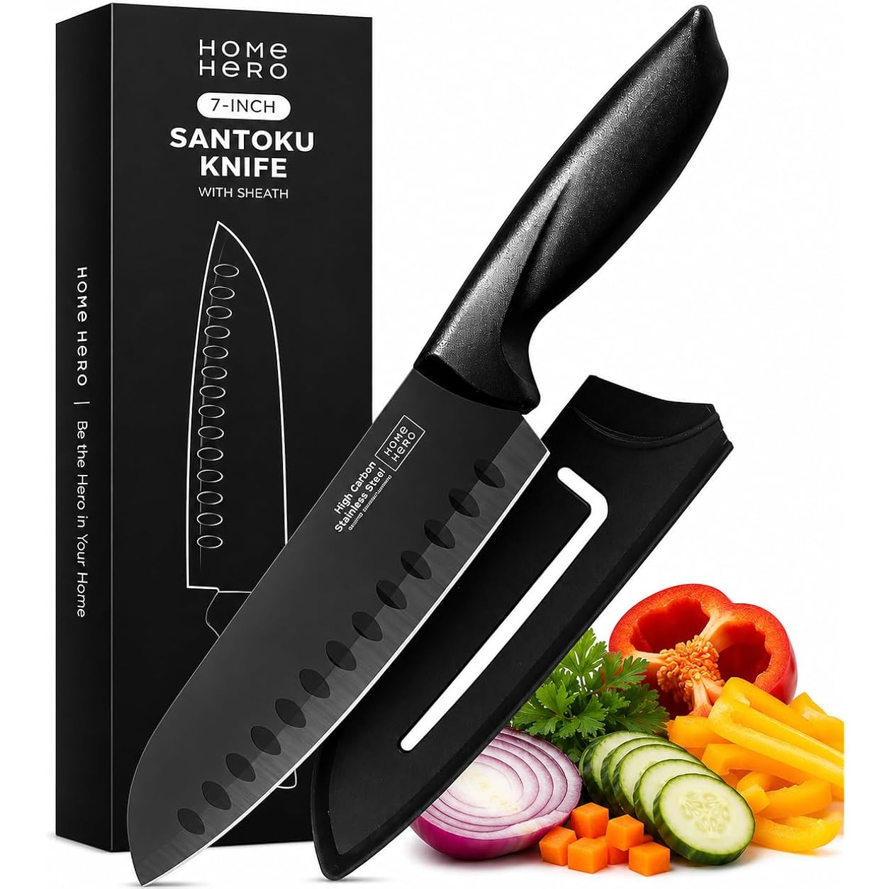 Home Hero 7-Inch Santoku Knife With Sheath 2 Pcs - Non-Stick Chopping Knife, High Carbon Stainless Steel Kitchen Knife With Cover, Ergonomic Handle, Razor-Sharp Vegetable Cutting Knife (Black)