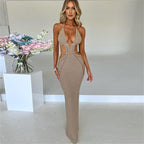 Women Sexy Crochet Maxi Dress Cut Out Halter V Neck Backless Knit Bodycon Long Dress Summer Beach Evening Party Dresses