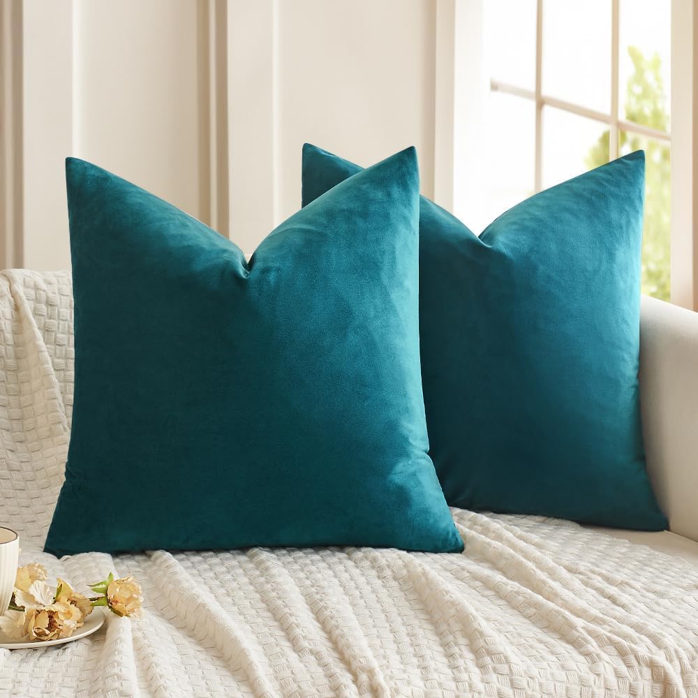 Miulee Velvet Throw Pillow Covers 18X18 Inch, Pack Of 2 - Teal, Super Soft Decorative Square Cushion Cases Modern Luxury Home Decor For Sofa, Couch, Bed, Chair