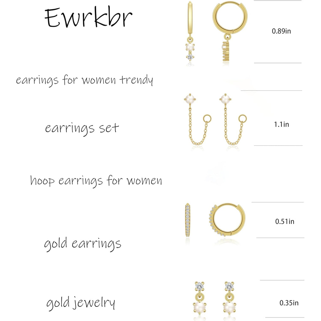 Gold Earrings for Women, 14k Gold Plated Dangle Huggie Earrings for Women Trendy Dainty Gold Hoop Earring Stacks Hypoallergenic Pearl Chain Drop Cartilage Earring Fashion Womens Jewelry