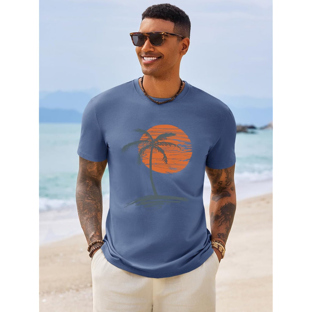 Runcati Mens Short Sleeve T-Shirts Graphic Crew Neck Casual Shirt Summer Beach Palm Tree Printed Vintage Hawaiian Tees