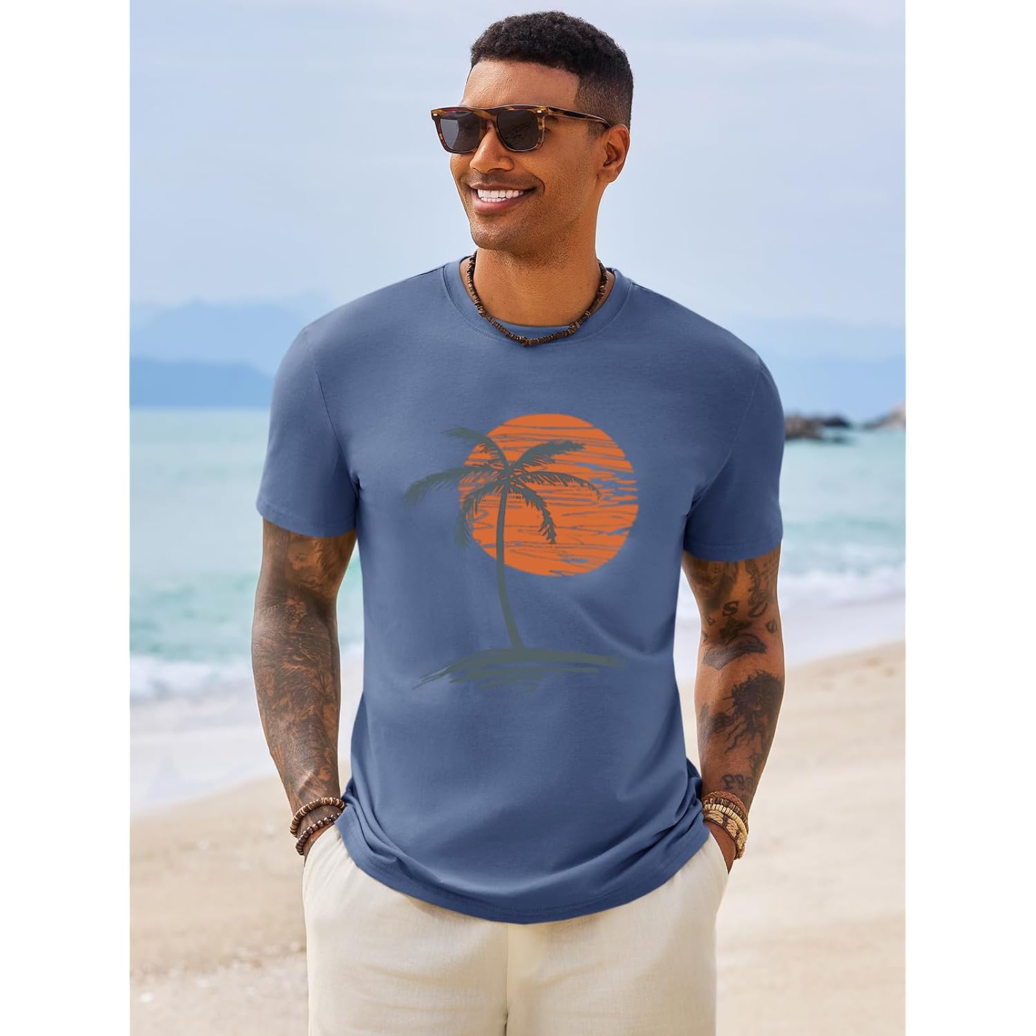 Runcati Mens Short Sleeve T-Shirts Graphic Crew Neck Casual Shirt Summer Beach Palm Tree Printed Vintage Hawaiian Tees
