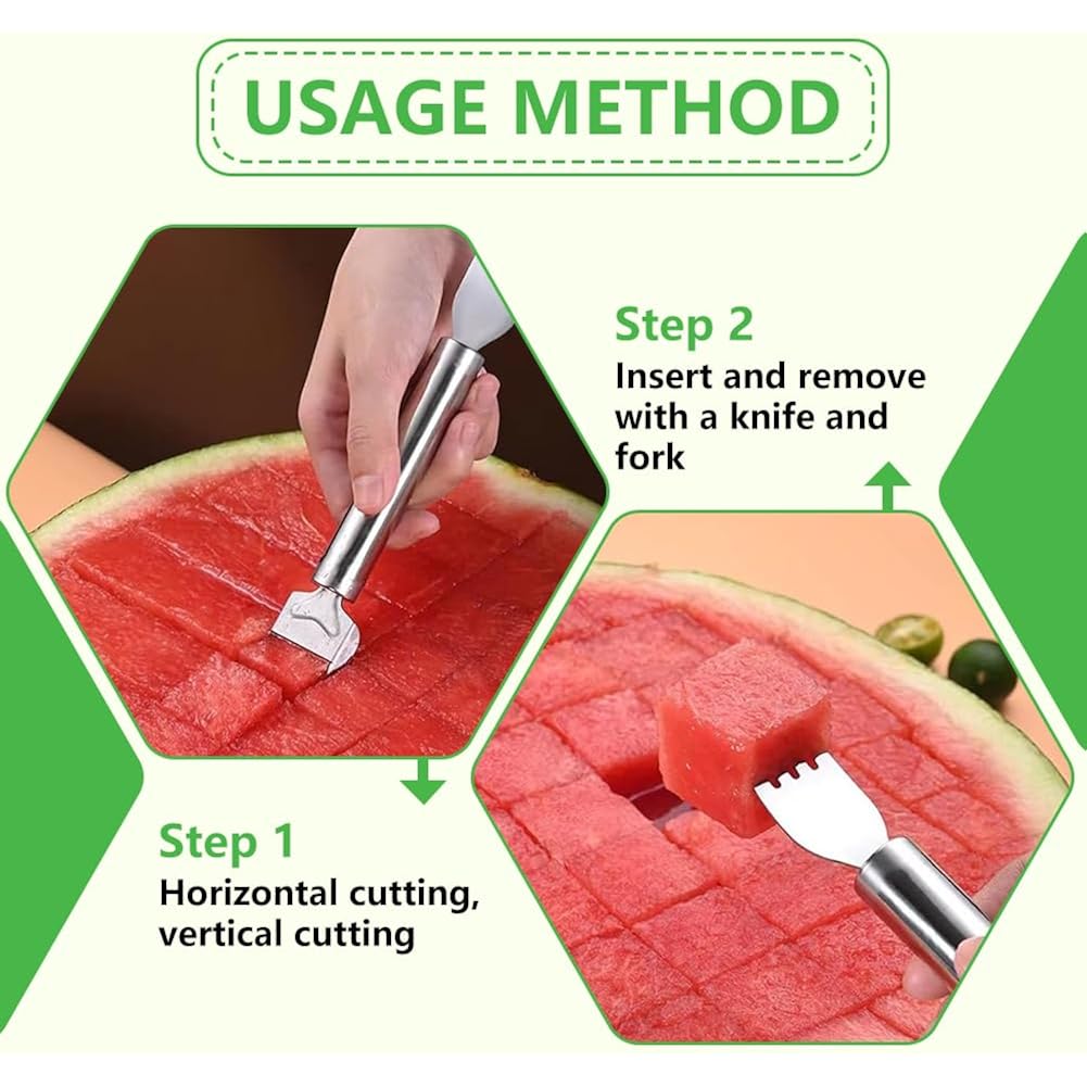 2-in-1 Stainless Steel Fruit Cutter, Watermelon Slicer with Fork, Dual Head Watermelon Fork Slicer Tool for Cubes, Fruit Knife with Round Handle for Home Kitchen, Picnic & Party (1Pack)