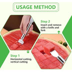 2-in-1 Stainless Steel Fruit Cutter, Watermelon Slicer with Fork, Dual Head Watermelon Fork Slicer Tool for Cubes, Fruit Knife with Round Handle for Home Kitchen, Picnic & Party (1Pack)