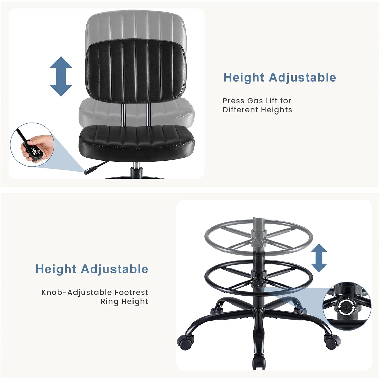 Dumos Armless Drafting Chair, Low Back Office Seat With Adjustable Footrest Ring For Standing Desk, Ergonomic Pu Leather Office Seating, Swivel Rolling High Stool For Studio, Lab, Counter, Black
