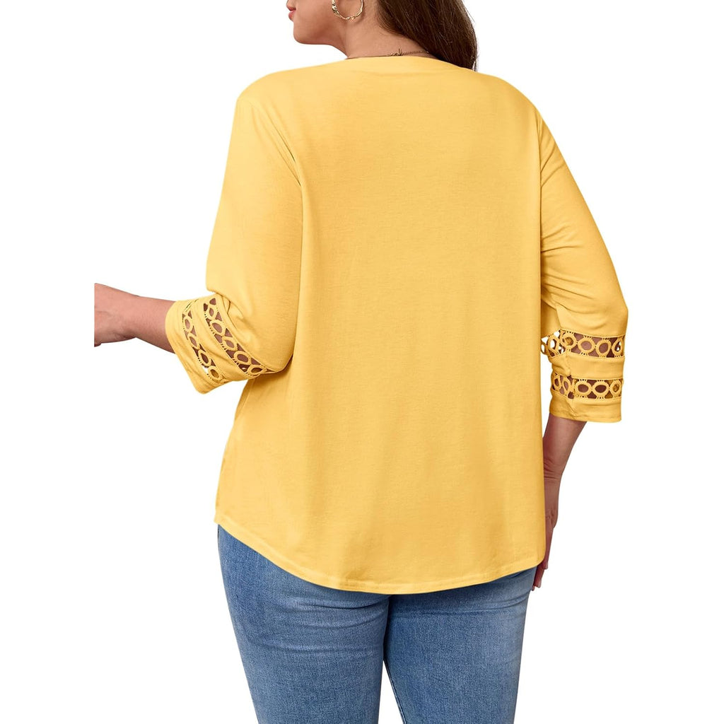 Beautife Womens Plus Size 3/4 Sleeve Tops V Neck Loose Fit Tee Shirts Dressy Casual Eyelet Lace Tunic Blouse