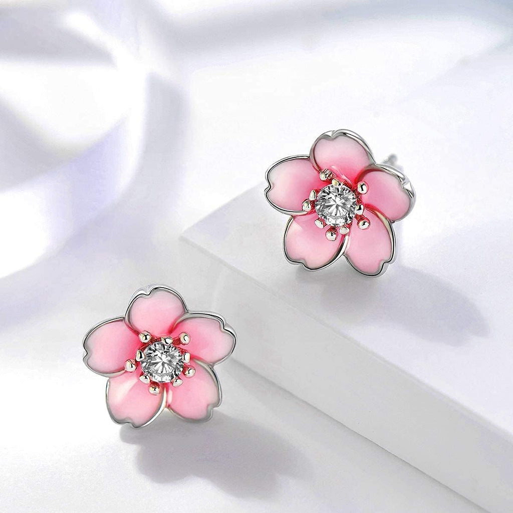 Pink Flower Earrings for Women, 925 Sterling Silver Stud Earrings, Cute Plumeria Earrings For Women, Cherry Blossom Hypoallergenic Stud