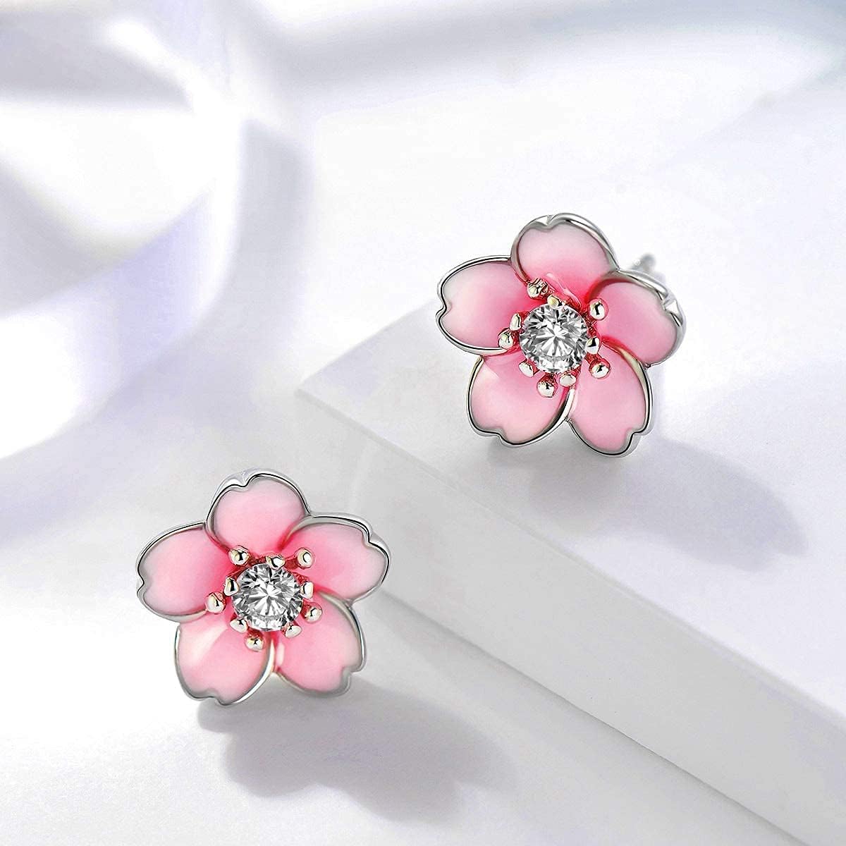 Pink Flower Earrings for Women, 925 Sterling Silver Stud Earrings, Cute Plumeria Earrings For Women, Cherry Blossom Hypoallergenic Stud