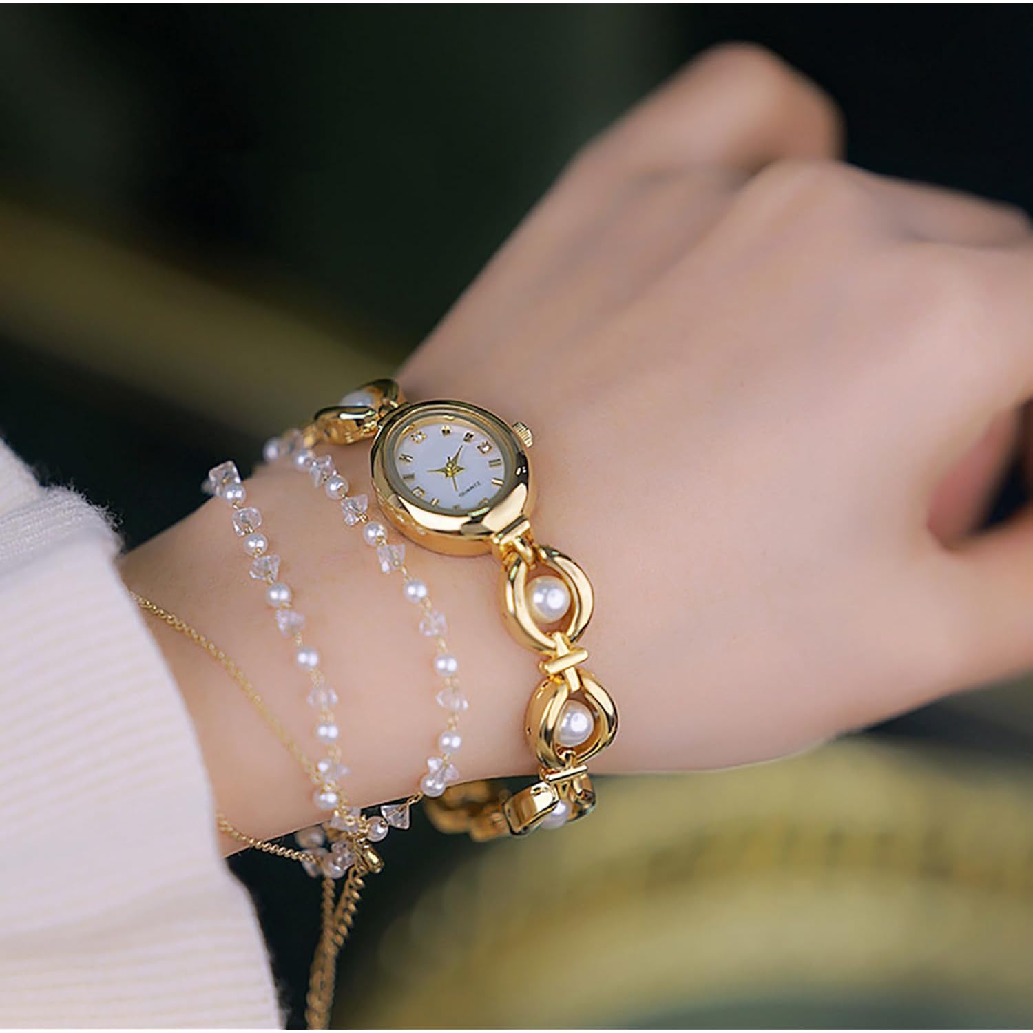 Adsbiaoye Elegant Pearl Women'S Dress Watch Fashion Oval Dial Gift Women'S Waterproof Watch