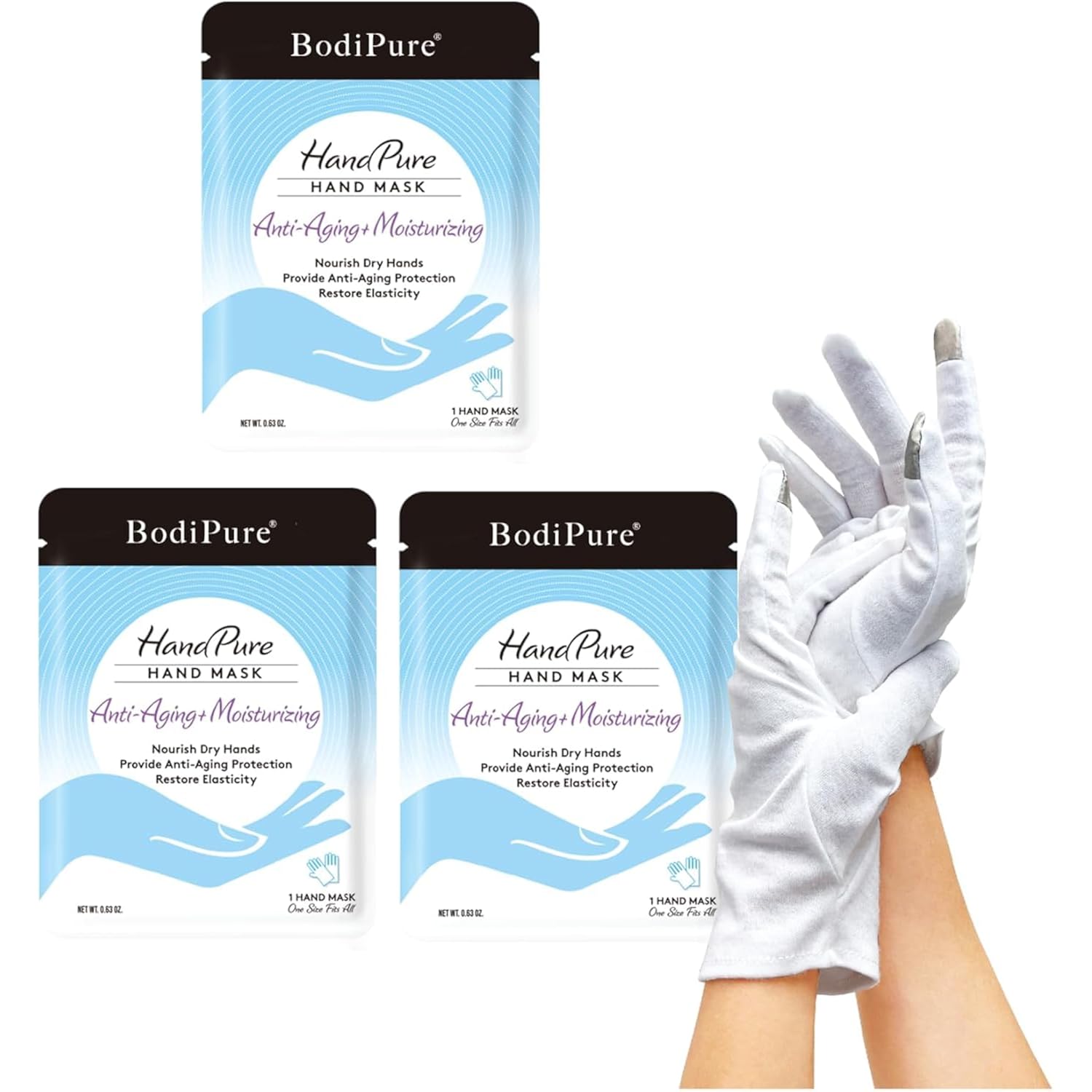 Bodipure HandPure Hand Mask Moisturizing Gloves, 3-Pack for Dry, Cracked Hands, with Touchscreen White Cotton Gloves – 1 Pack for Enhanced Cream Absorption (3 + 1 Cotton Gloves)