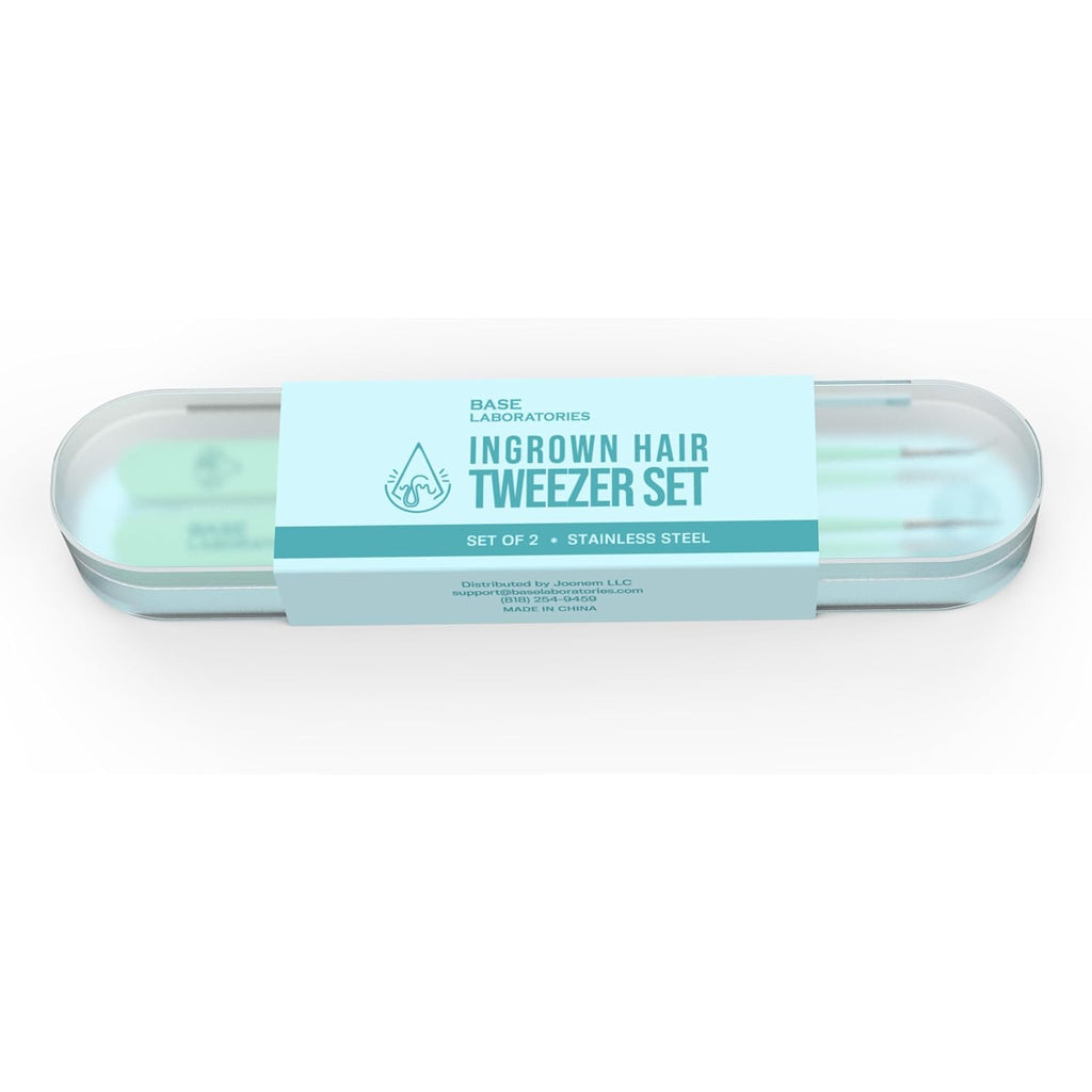 Base Labs Ingrown Hair Tweezers Set – 2 Pack Precision Tweezers for Ingrown Hair Removal, Curved & Pointed Tip Stainless Steel Tweezers with Protective Case for Razor Bumps, Splinters & Facial Hair