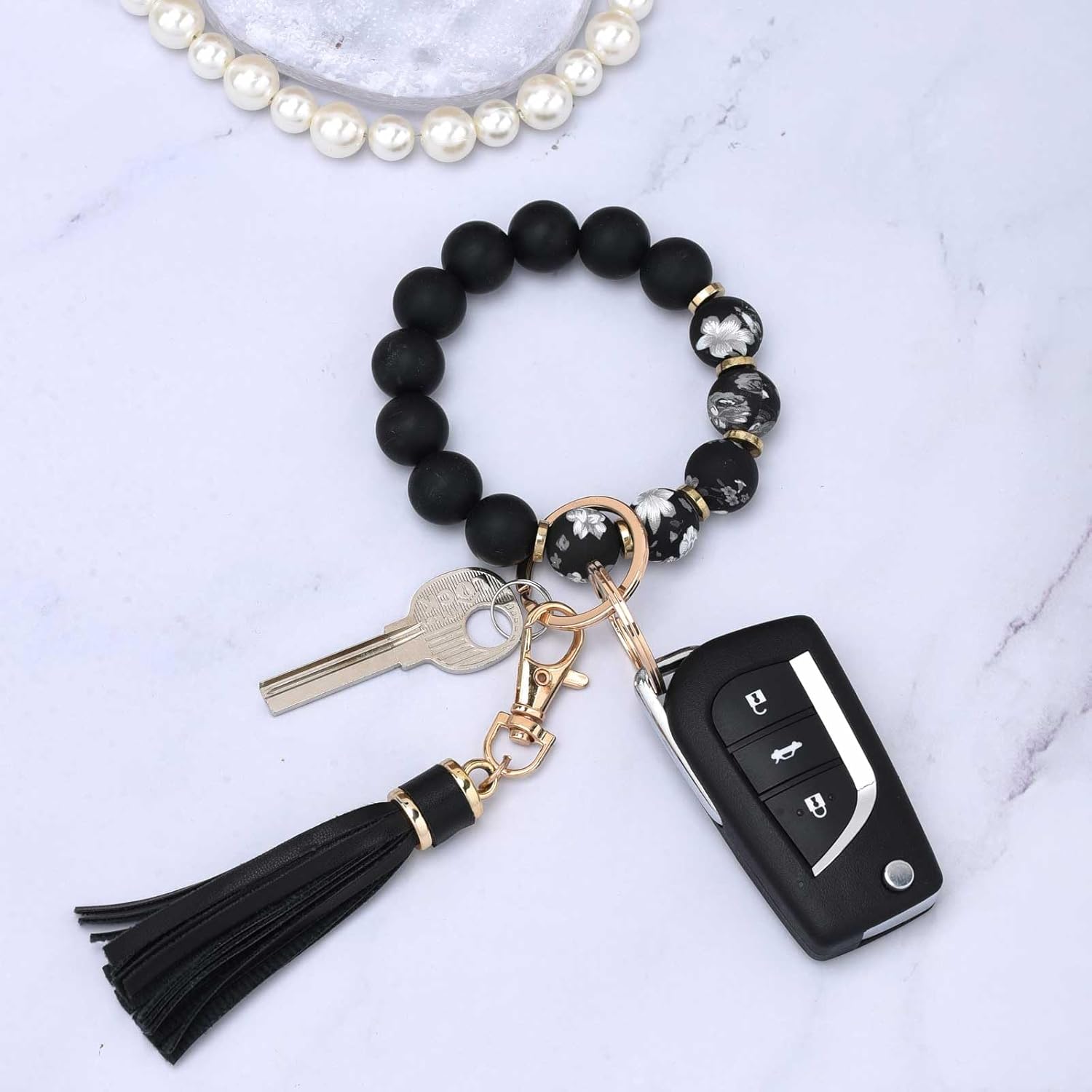 BAOSIWA Silicone Beaded Bracelet Keychain Wristlet Key Ring Bangle Chains for Women with Leather Tassel