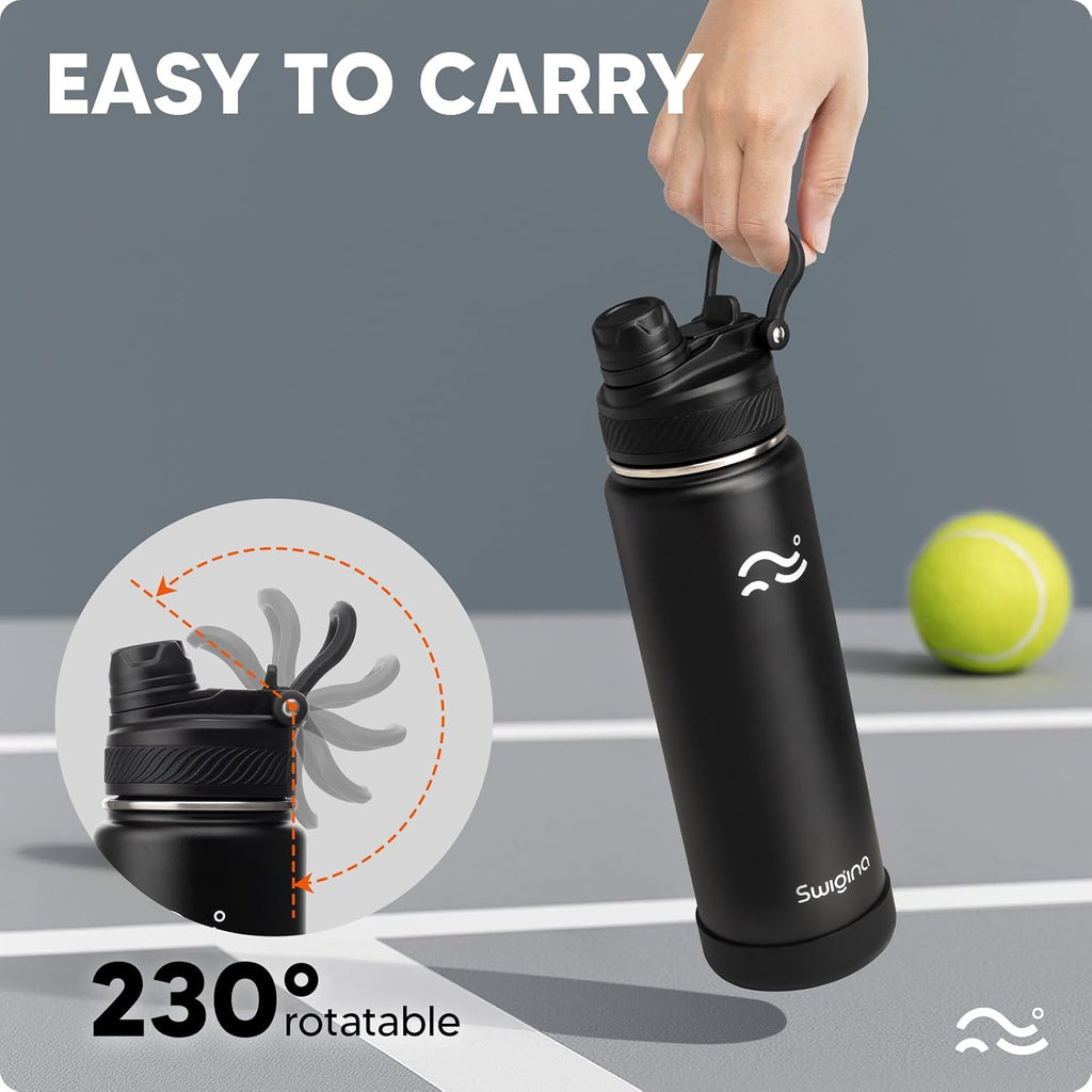 Insulated Water Bottle With Silicone Boot (36Hrs Cold/18Hrs Hot) - Diy Stickers, Leakproof, Bpa Free, Black, 24 Oz [2-In-1 Lid]