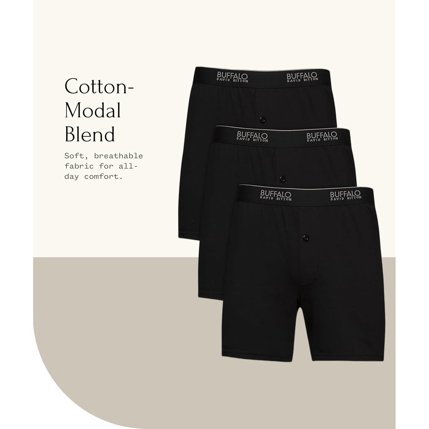 Felina Buffalo Mens Boxers - 3-Pack Cotton Boxers For Men, Boxer Shorts, Mens Underwear Black