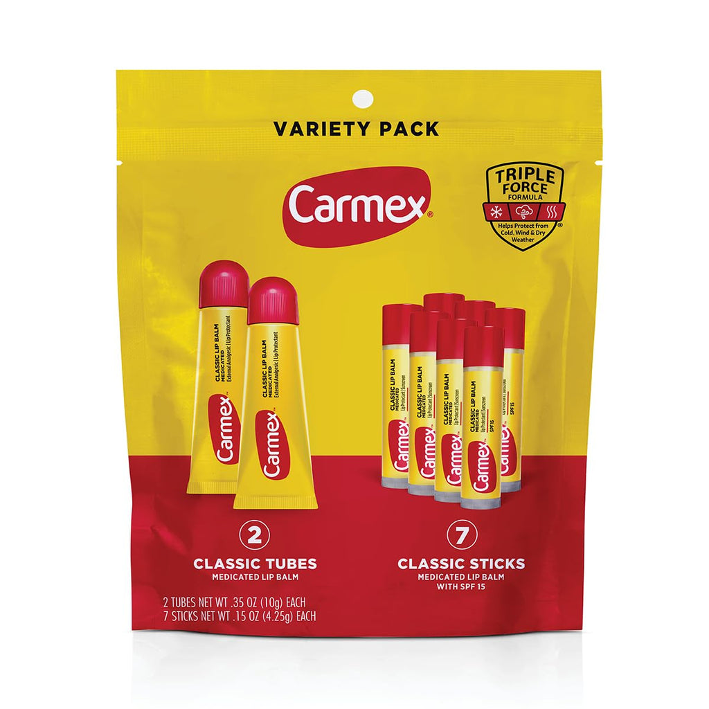 Carmex Classic Medicated Lip Balm Pack, Lip Moisturizer For Chapped Lips, 9-Count Variety Pack Bag (2 Tubes, 7 Sticks)