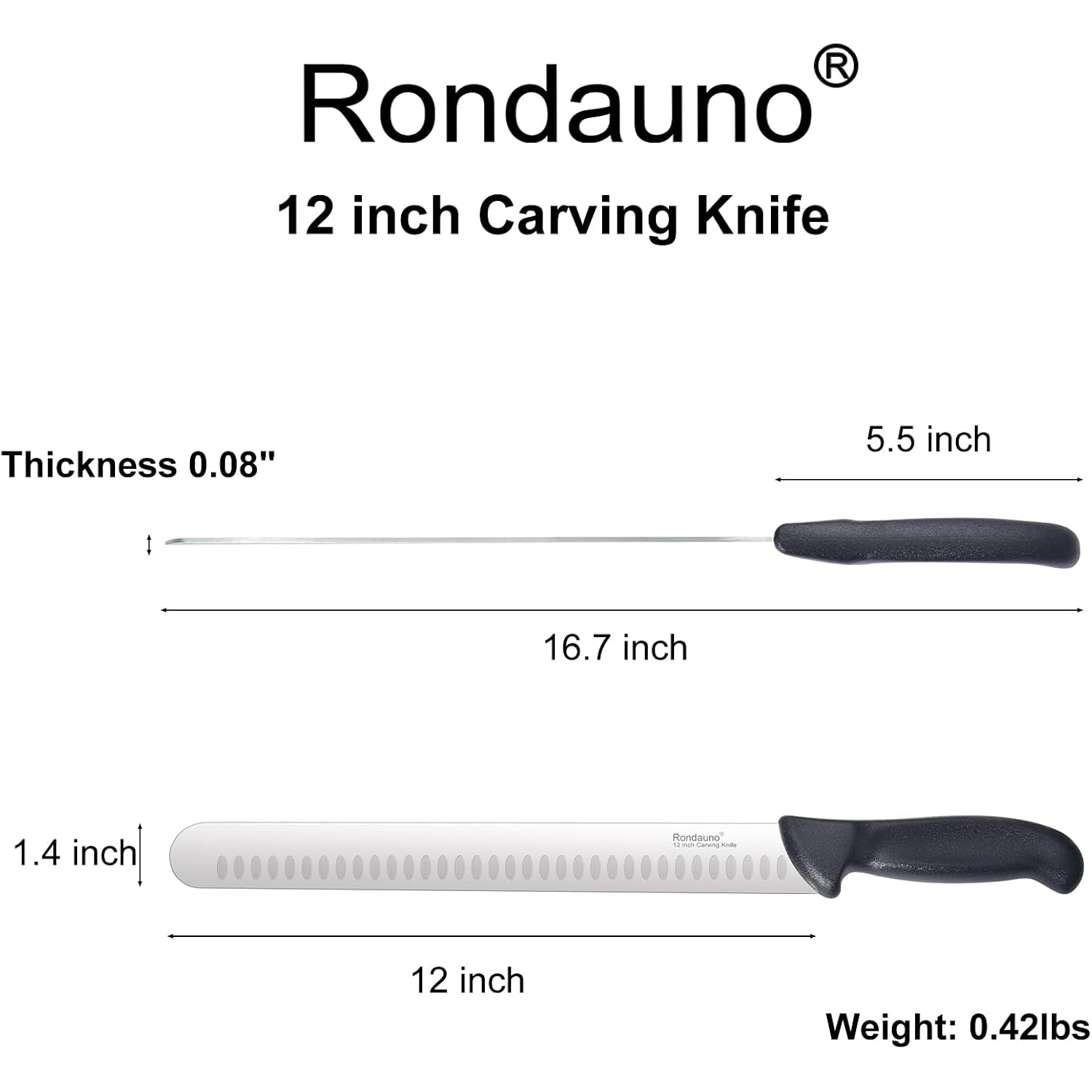 Rondauno Brisket Knife, Carving Knife for Meat with 12 Inch Ultra Sharp Slicing Knives for Cutting BBQ, Turkey and Roast, Premium High Carbon Stainless Steel