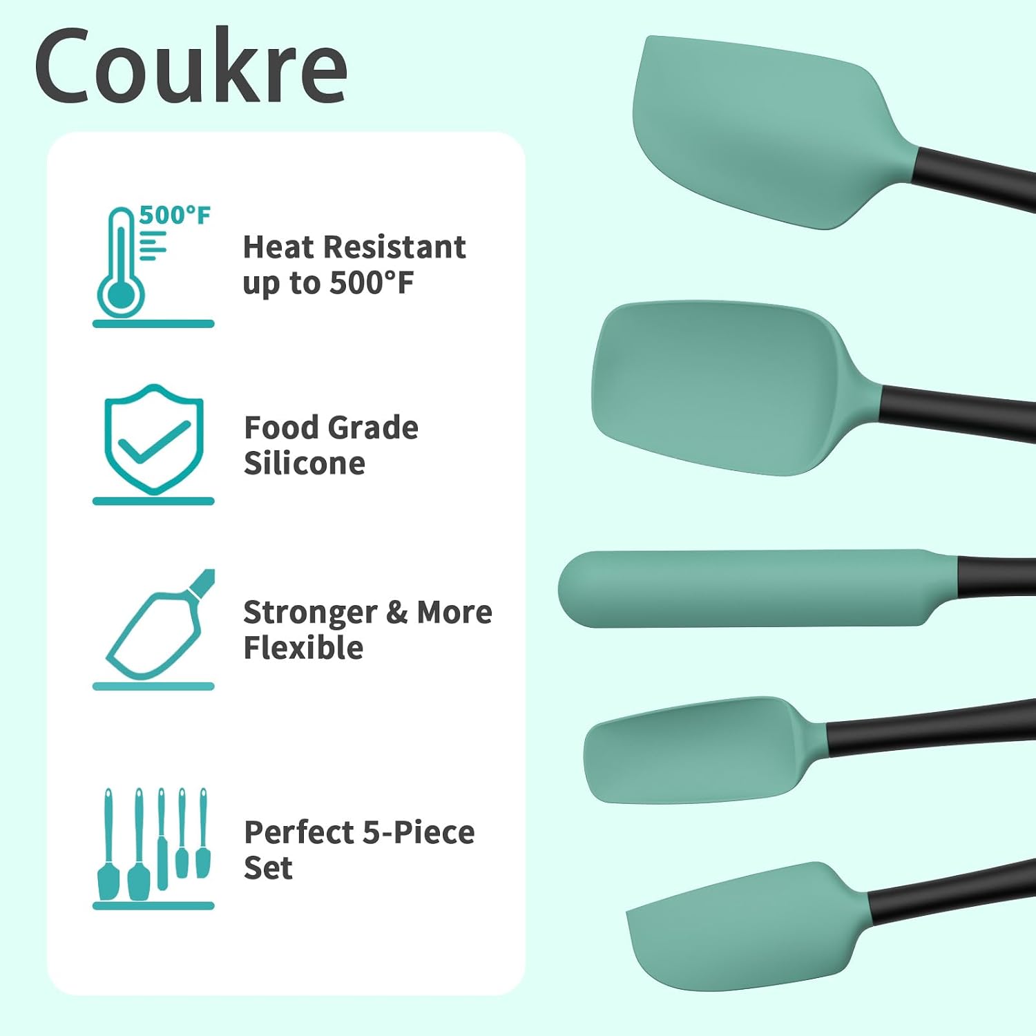 Silicone Spatula Set Of 5,High Temperature Resistant, Food Grade Silicone, Dishwasher Safe, For Baking, Cooking (Aqua Green)