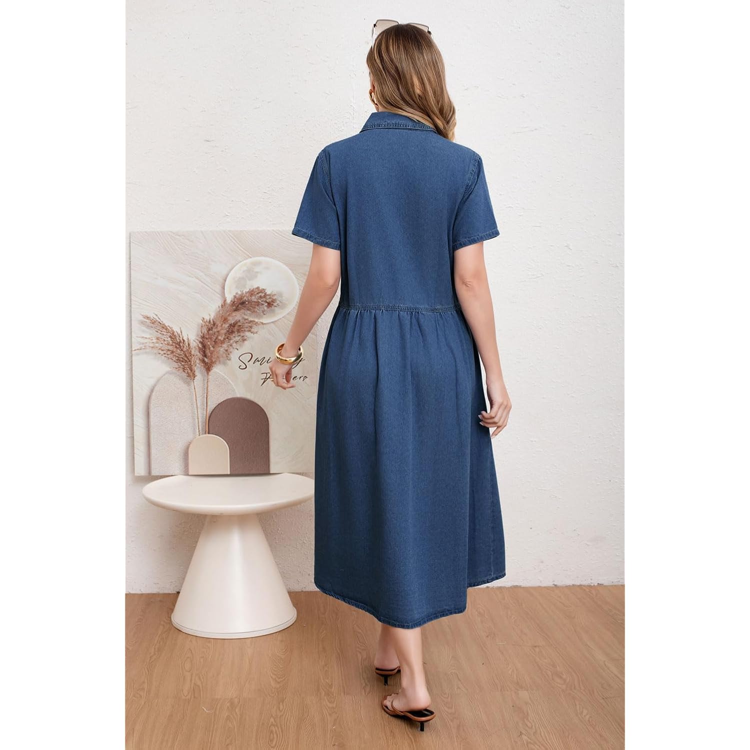Utcoco Womens Denim Dress Lapel Short Sleeve Frayed Hem Jean Dresses Oversized Button Down A Line Shirt Dress
