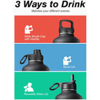 64 Oz Water Bottle Insulated With Straw & 3 Lids, Coolflask Large Metal Stainless Steel Water Jug Big Half Gallon Wide Mouth For Sports, Gym Or Hiking, Non-Bpa Keep Cold 48H Hot 24H, Magic Black