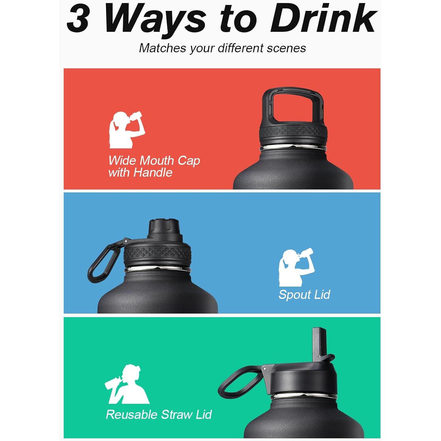 64 Oz Water Bottle Insulated With Straw & 3 Lids, Coolflask Large Metal Stainless Steel Water Jug Big Half Gallon Wide Mouth For Sports, Gym Or Hiking, Non-Bpa Keep Cold 48H Hot 24H, Magic Black