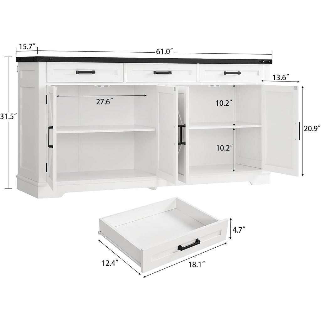 Usikey Large Sideboard Buffet Cabinet With 4 Doors And 3 Drawers, Farmhouse Buffet Table, Dining Room Storage Cabinet For Kitchen Or Living Room, White