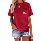 NIUBIA Women's Letter Print Basic Crew Neck Tee Summer Short Sleeve T-Shirt with Pockets Loose Fitting Tops Red Wine