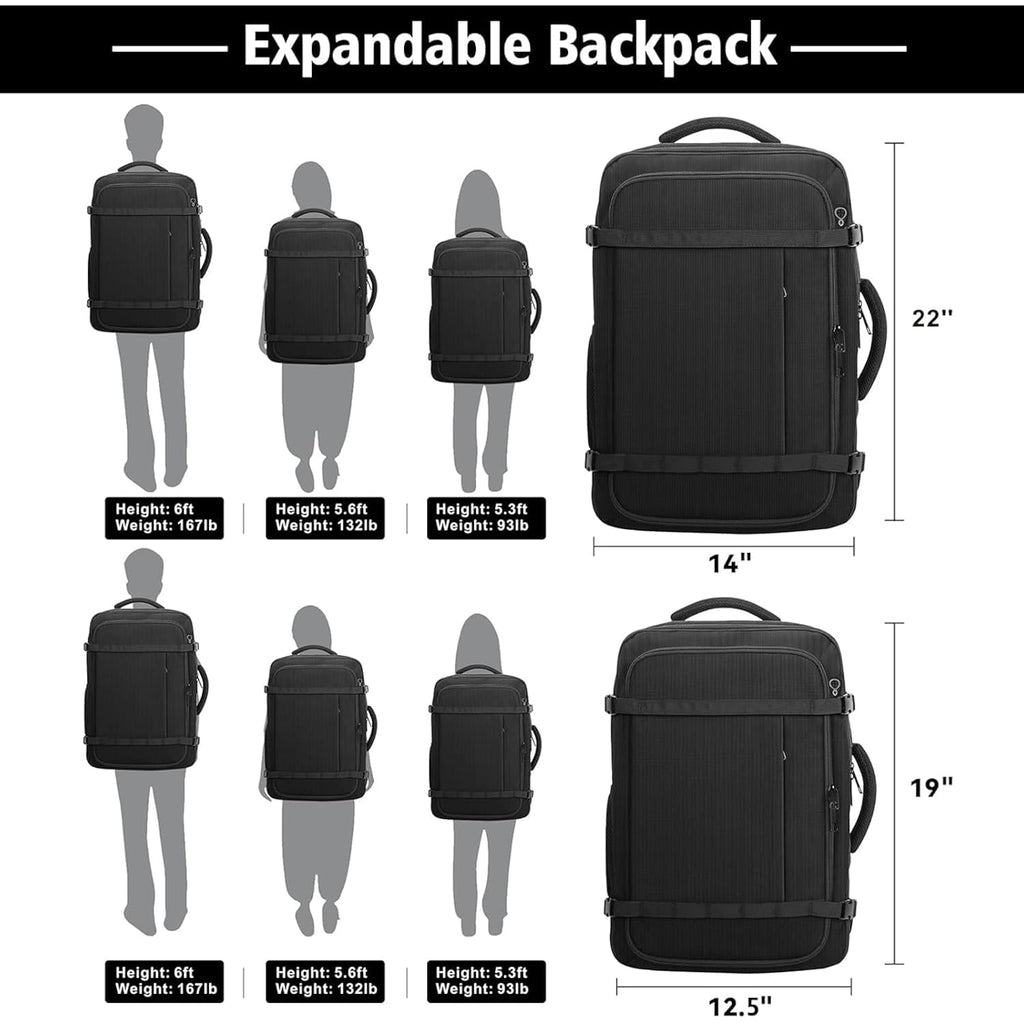 Travel Backpack With Lifetimewarranty,Expandable Carry On Backpack With Cable Access Port,Fits 17.3" Laptop Notebook,Water Resistant Weekender Backpack Business Trips,Daily Travel,Black