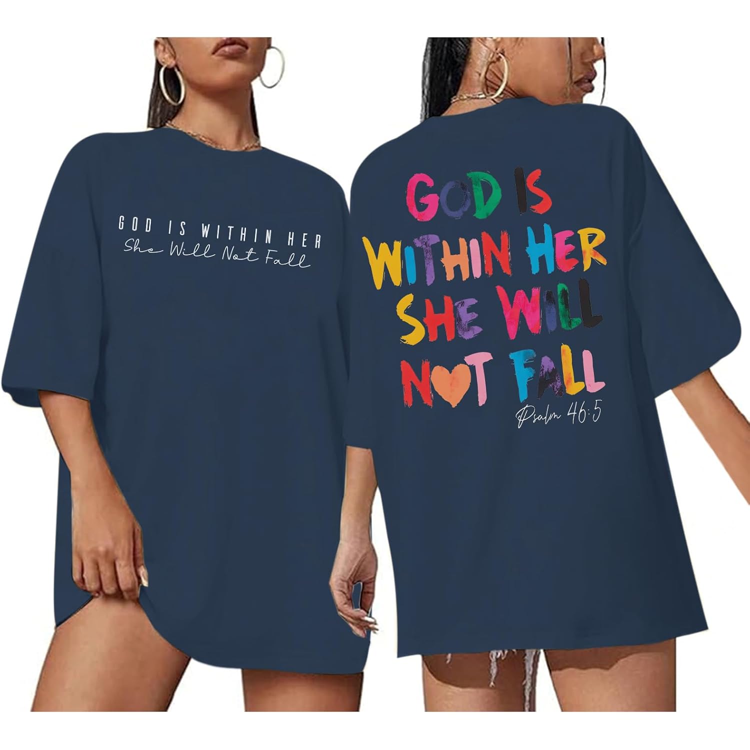 Jinluth Oversized Christian Shirts for Women Jesus Faith Shirt Bible Verse T Shirt God is Within Her Tees Inspirational Tops Navy Blue