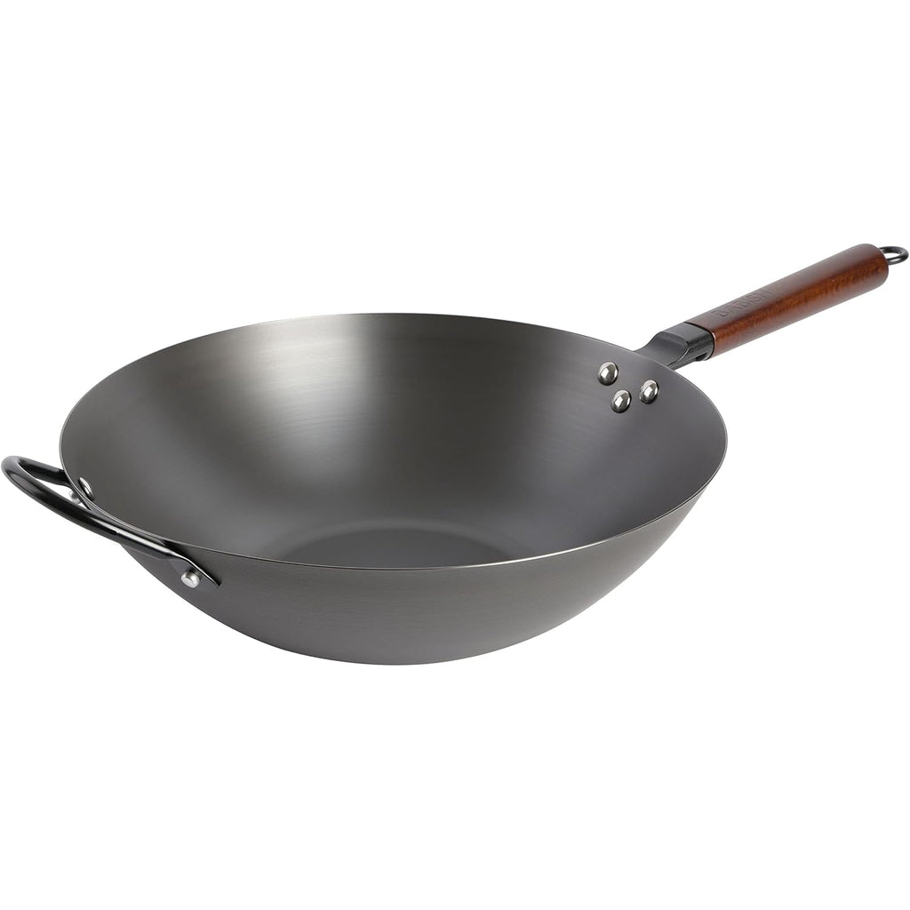 Babish Carbon Steel Wok 14 Inch Flat Bottom Stir Fry Pan Durable Heavy Duty Cookware For High Heat Cooking Stir Fry Sautéing Frying Compatible With Gas Electric And Induction Stovetops
