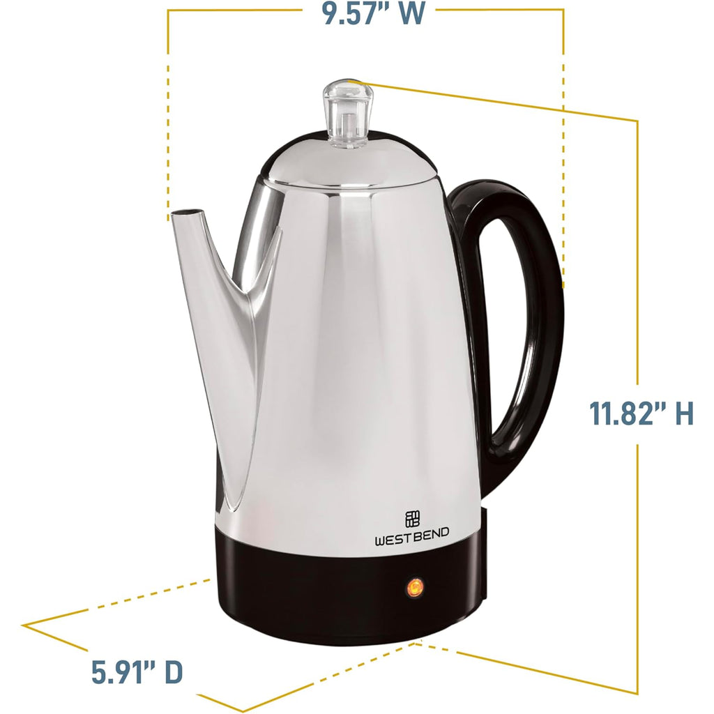 West Bend Electric Percolator Classic Style Coffee Maker with Heat Resistant Handle Base and Detachable Cord with Stainless Steel Stem and Basket, 12-Cup, Silver