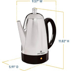 West Bend Electric Percolator Classic Style Coffee Maker with Heat Resistant Handle Base and Detachable Cord with Stainless Steel Stem and Basket, 12-Cup, Silver