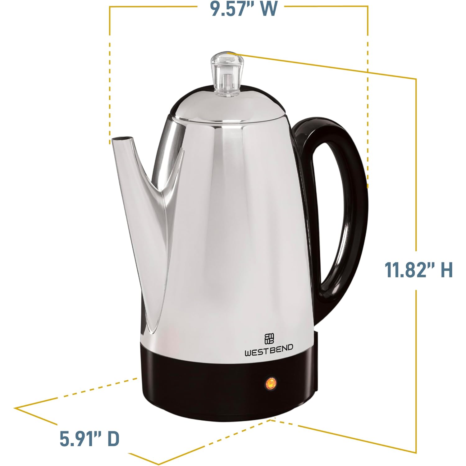 West Bend Electric Percolator Classic Style Coffee Maker with Heat Resistant Handle Base and Detachable Cord with Stainless Steel Stem and Basket, 12-Cup, Silver