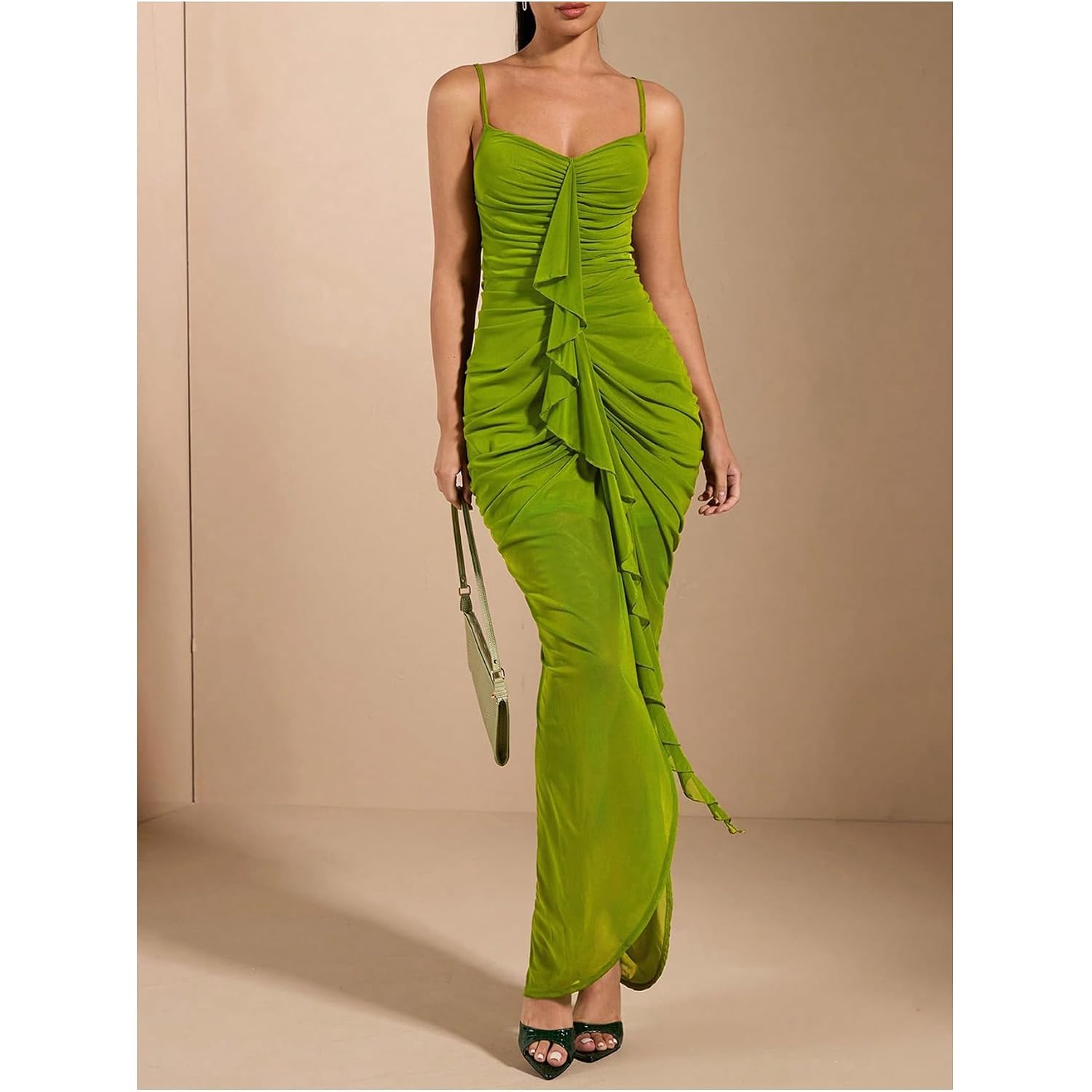 Floerns Women'S Ruffle Ruched Cami Dress Draped Split Elegant Bodycon Maxi Dresses