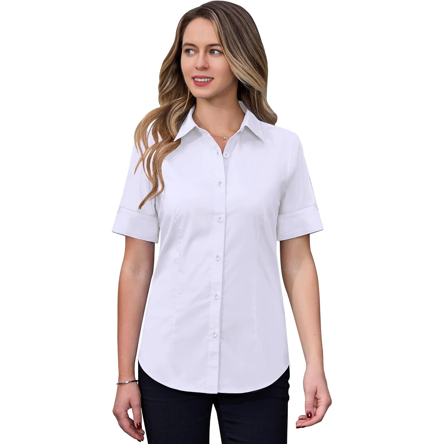 Siliteelon Short Sleeve Button Dress Shirts For Women Cotton Button Down Shirts For Women Slim Fit Blouse Top 3/4 Sleeve