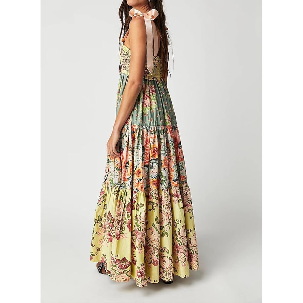 Abyovrt Women Floral Maxi Dress Tie Shoulder Patchwork Smocked Flowy Boho Dress With Pockets Summer Vacation Sundress