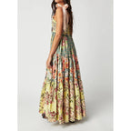 Abyovrt Women Floral Maxi Dress Tie Shoulder Patchwork Smocked Flowy Boho Dress With Pockets Summer Vacation Sundress