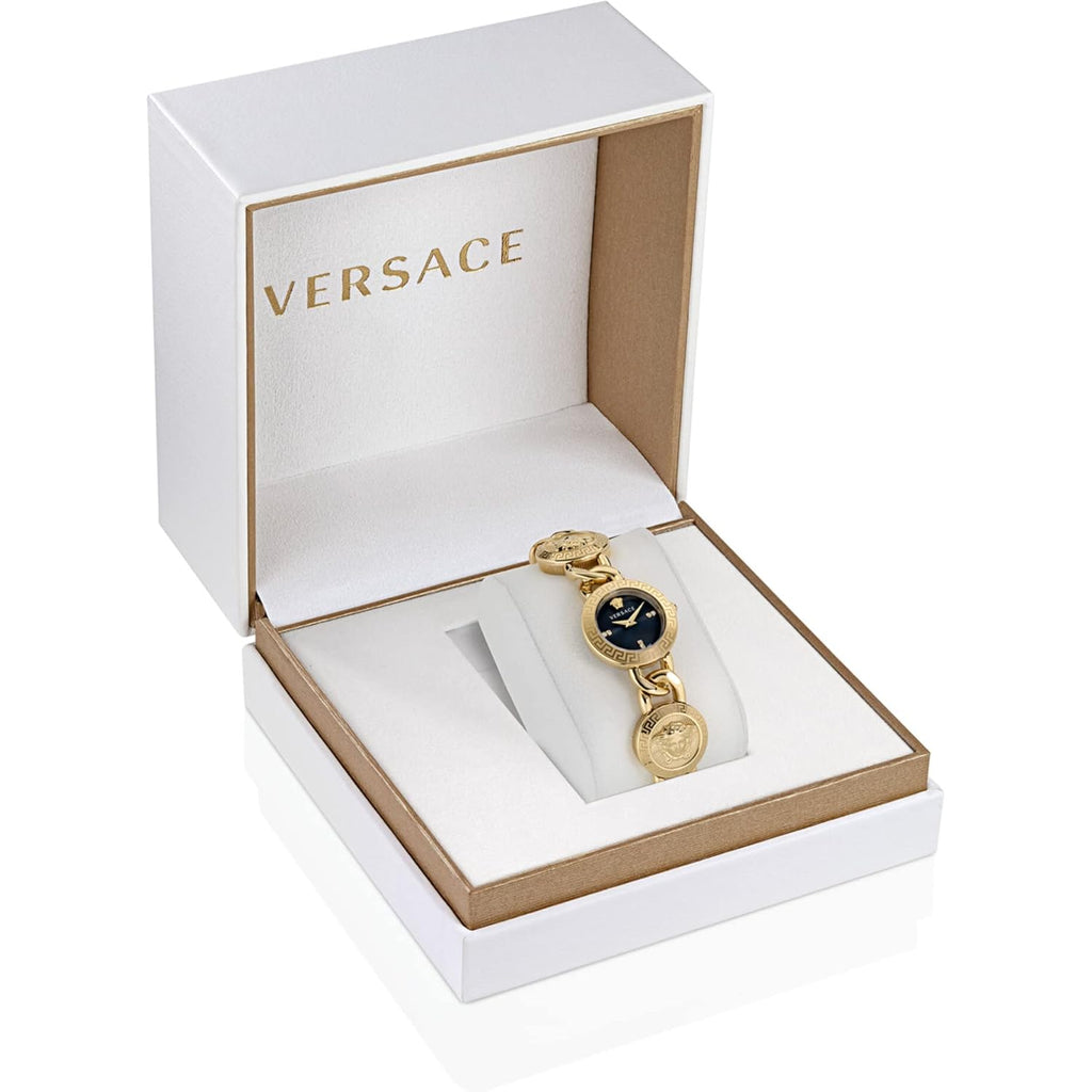 Versace Stud Icon Women'S Watch, 26Mm Ip Yellow Gold Case, Black Sunray Dial, Gold Tone Bracelet, Swiss Quartz Movement, Jewelry Clasp, 3 Atm Water Resistant