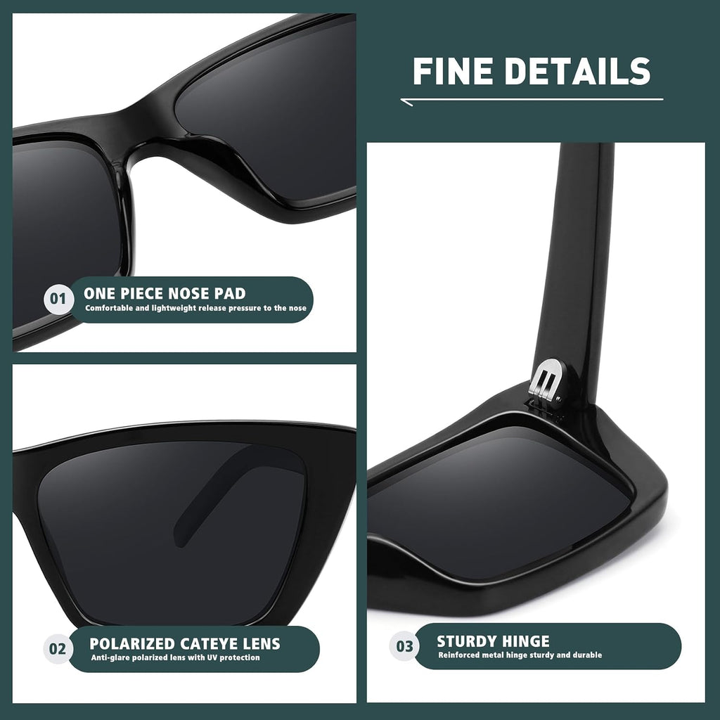 WOWSUN Narrow Small Vintage Polarized Cat Eye Sunglasses for Women Black