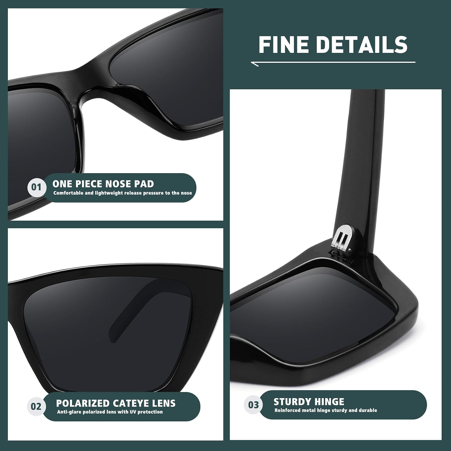 WOWSUN Narrow Small Vintage Polarized Cat Eye Sunglasses for Women Black
