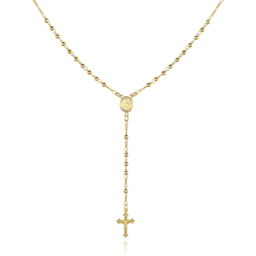 Barzel 18K Gold Plated Virgin Mary Rosary Bead Cross Necklace - Made In Brazil