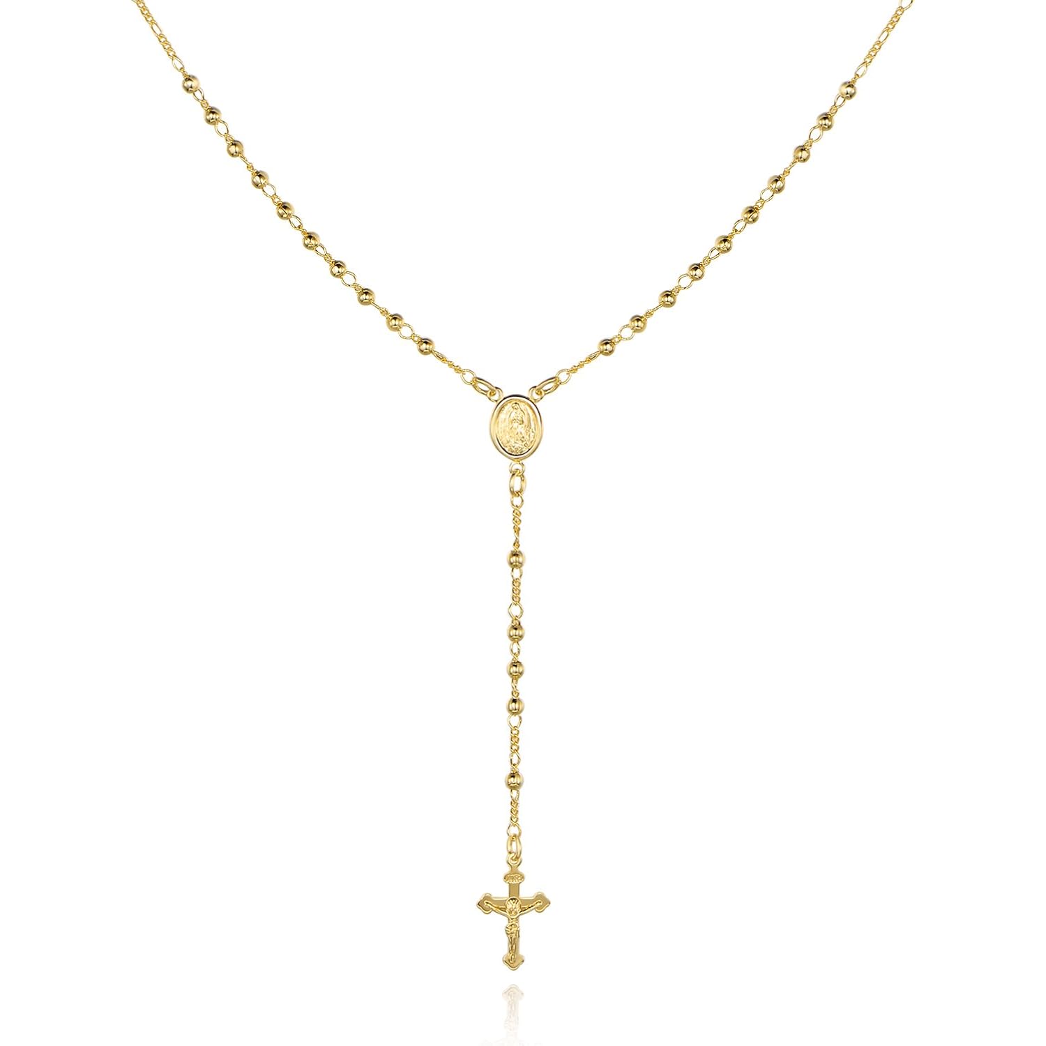 Barzel 18K Gold Plated Virgin Mary Rosary Bead Cross Necklace - Made In Brazil