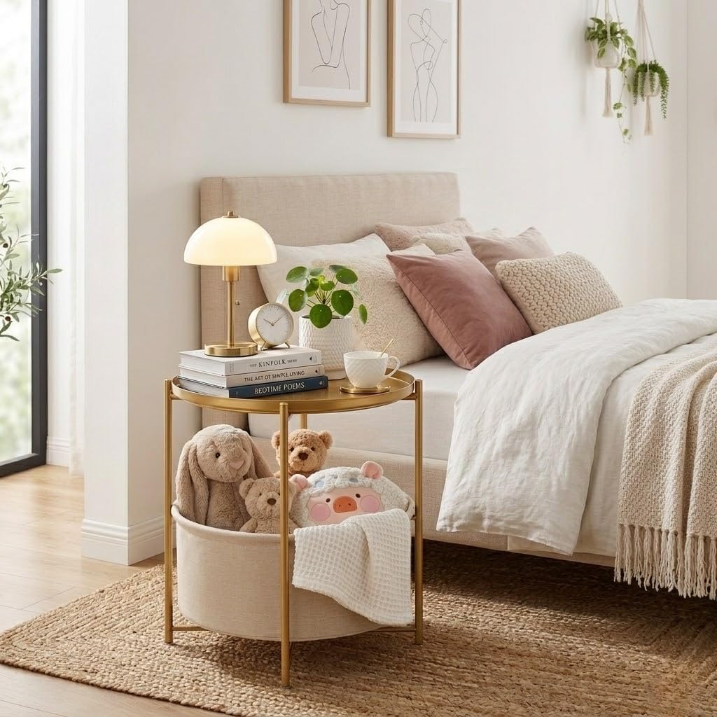 Gold Side Table With Basket, Small Round Table For Living Room | Metal Modern Nightstand For Small Space, Bedroom, Nursery, Accent Metal Stand With Removable Serving Tray, 20.47 In Tall
