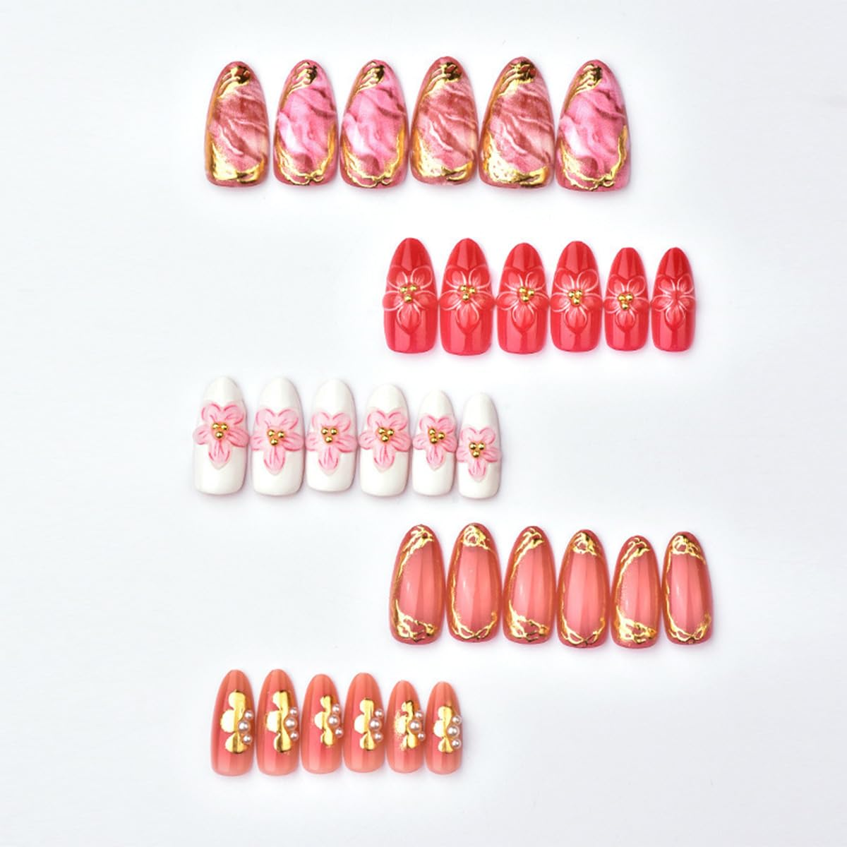 30Pcs Pink Press on Nails Medium Almond Fake Nails with Gold Beads Pearl Design Gold Floral Full Cover Acrylic Stick on Nail 3D Gradient Flower False Nails for Women Spring Summer Manicure Decoration