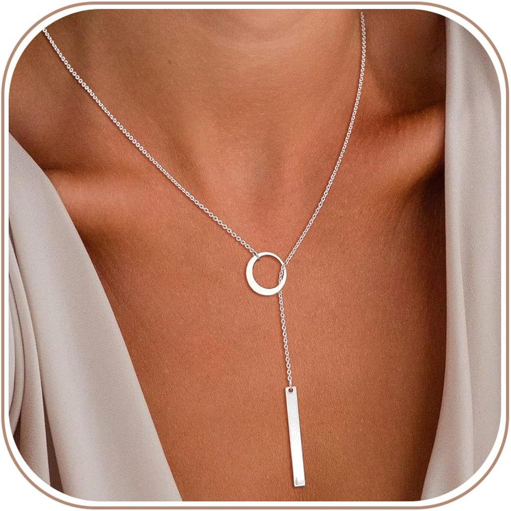Lariat Gold Necklaces for Women Trendy Dainty Long Necklace 14k Gold Plated/Silver Layered Drop Beaded Chain Necklaces Y-shaped Pendant Necklace Simple Gold Jewelry Gifts