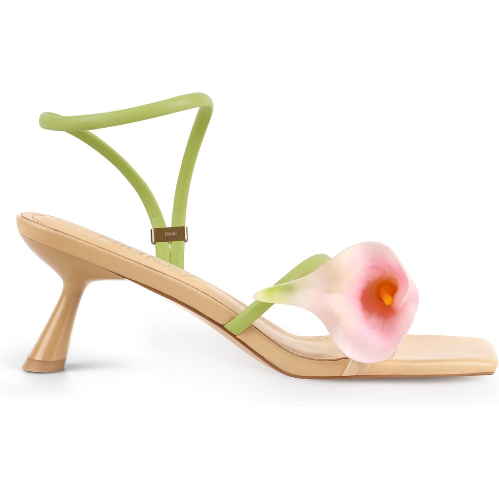 Flower Kitten Heel Sandals For Women Calla Lily Green Heels Square Open Toe Floral Strappy Low Heel Sandals Summer Dressy Wedding Shoes