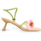 Flower Kitten Heel Sandals For Women Calla Lily Green Heels Square Open Toe Floral Strappy Low Heel Sandals Summer Dressy Wedding Shoes