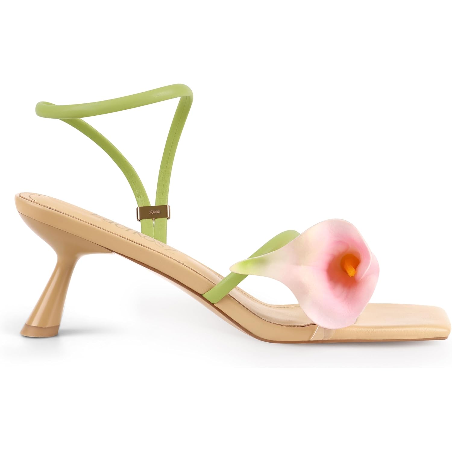 Flower Kitten Heel Sandals For Women Calla Lily Green Heels Square Open Toe Floral Strappy Low Heel Sandals Summer Dressy Wedding Shoes
